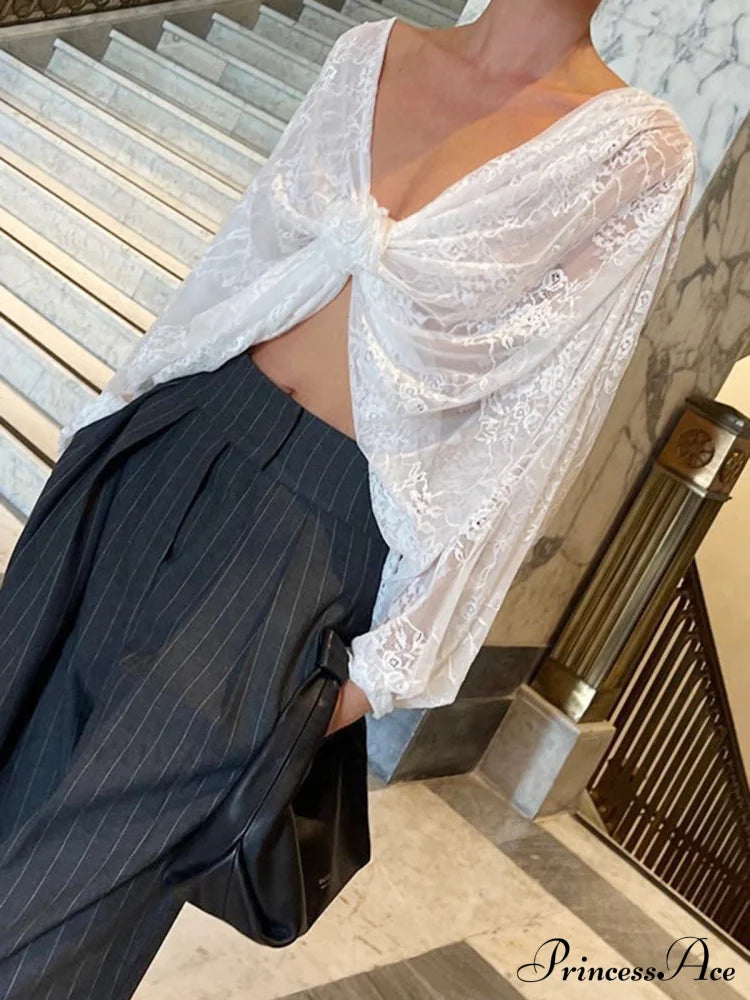 Floral Decor Twisted Trendy Lace Semi-Sheer Blouse Blouses