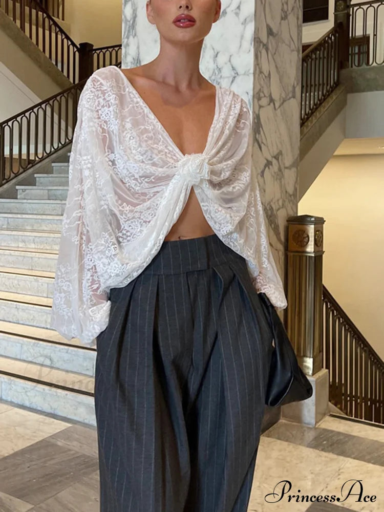 Floral Decor Twisted Trendy Lace Semi-Sheer Blouse Blouses