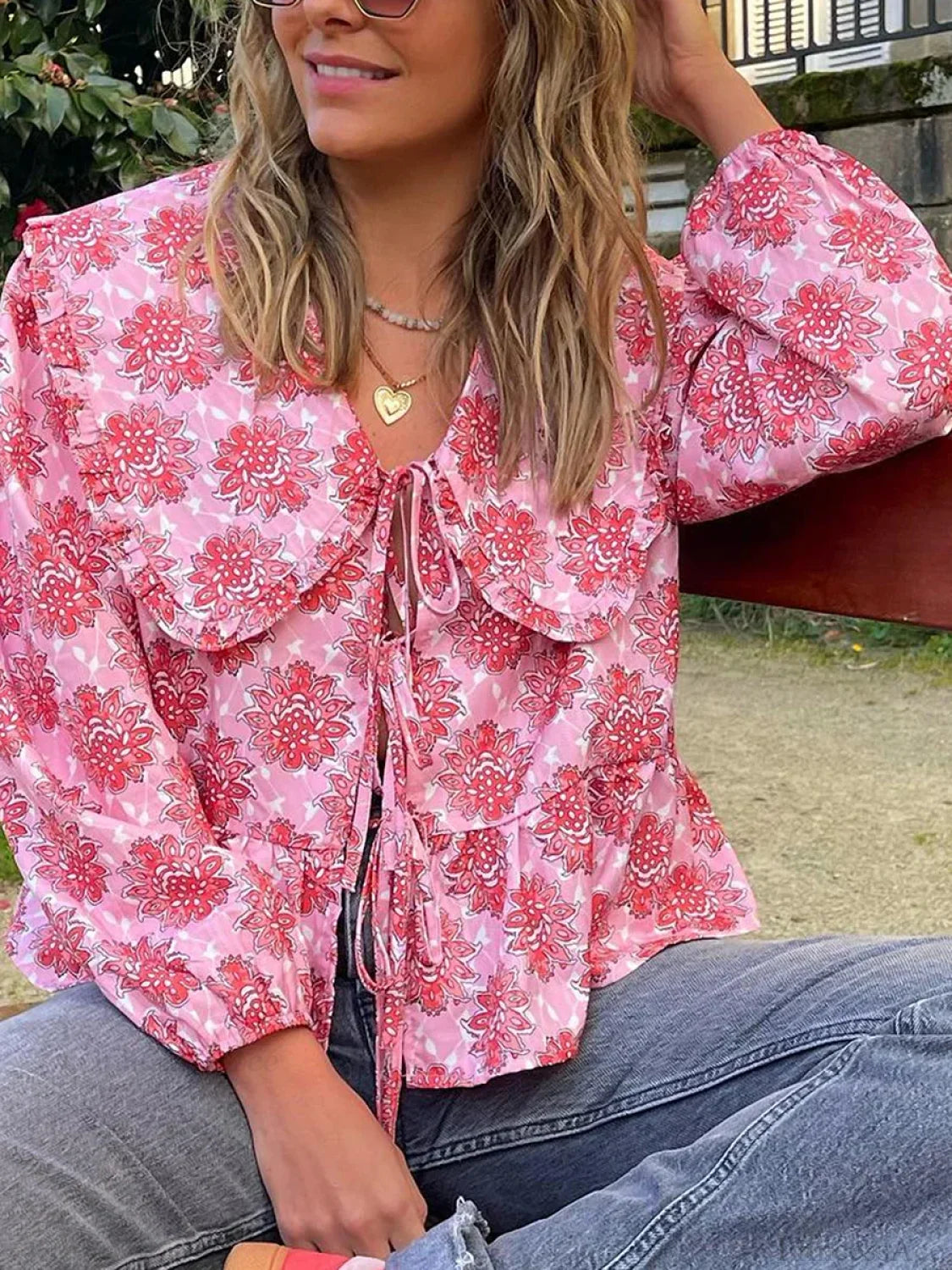 Floral Doll Collar Tie-Up Blouse blouse-250223