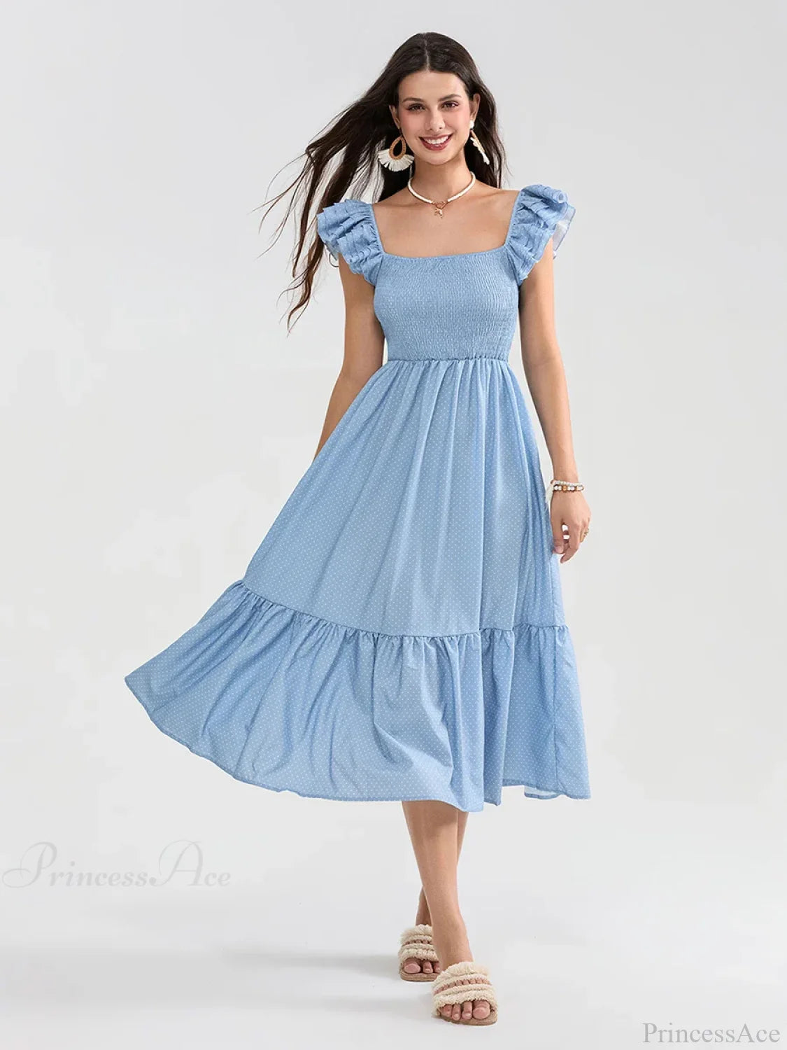 Floral Dot Print Shirred Square Neck Ruffled Flowing Beach Floral Dress SKY BLUE / S floraldress-250126