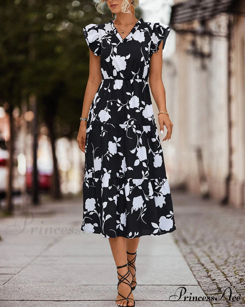 Floral print dress with ruffled sleeves Black 23BF Casual Dresses Clothes Dresses Spring Summer
