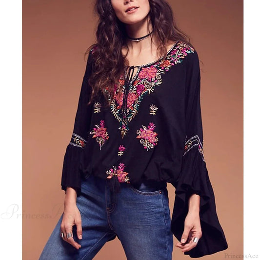 Floral Embroidered Flare Sleeve V-Neck Casual Boho Blouse bohoblouse-250126