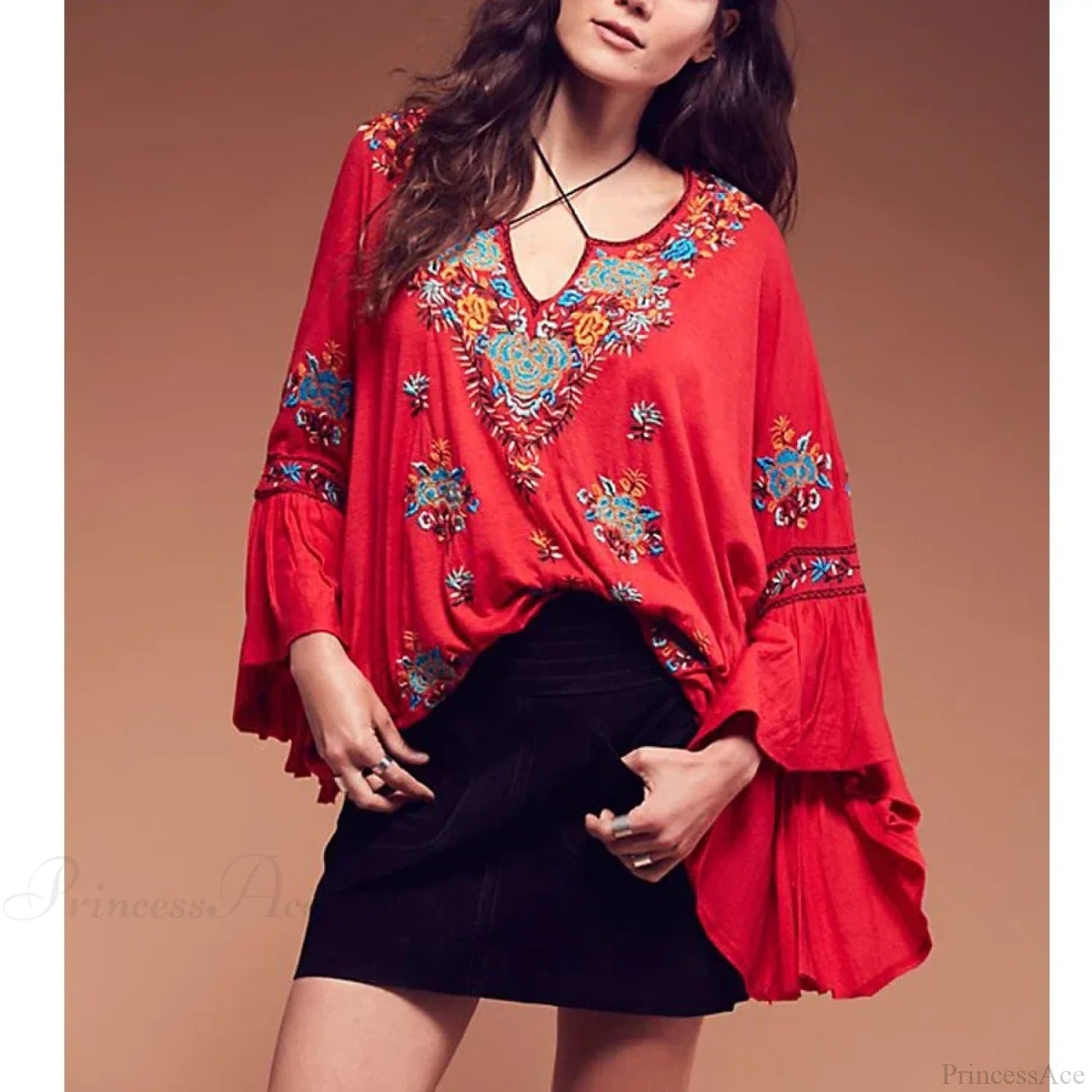 Floral Embroidered Flare Sleeve V-Neck Casual Boho Blouse bohoblouse-250126
