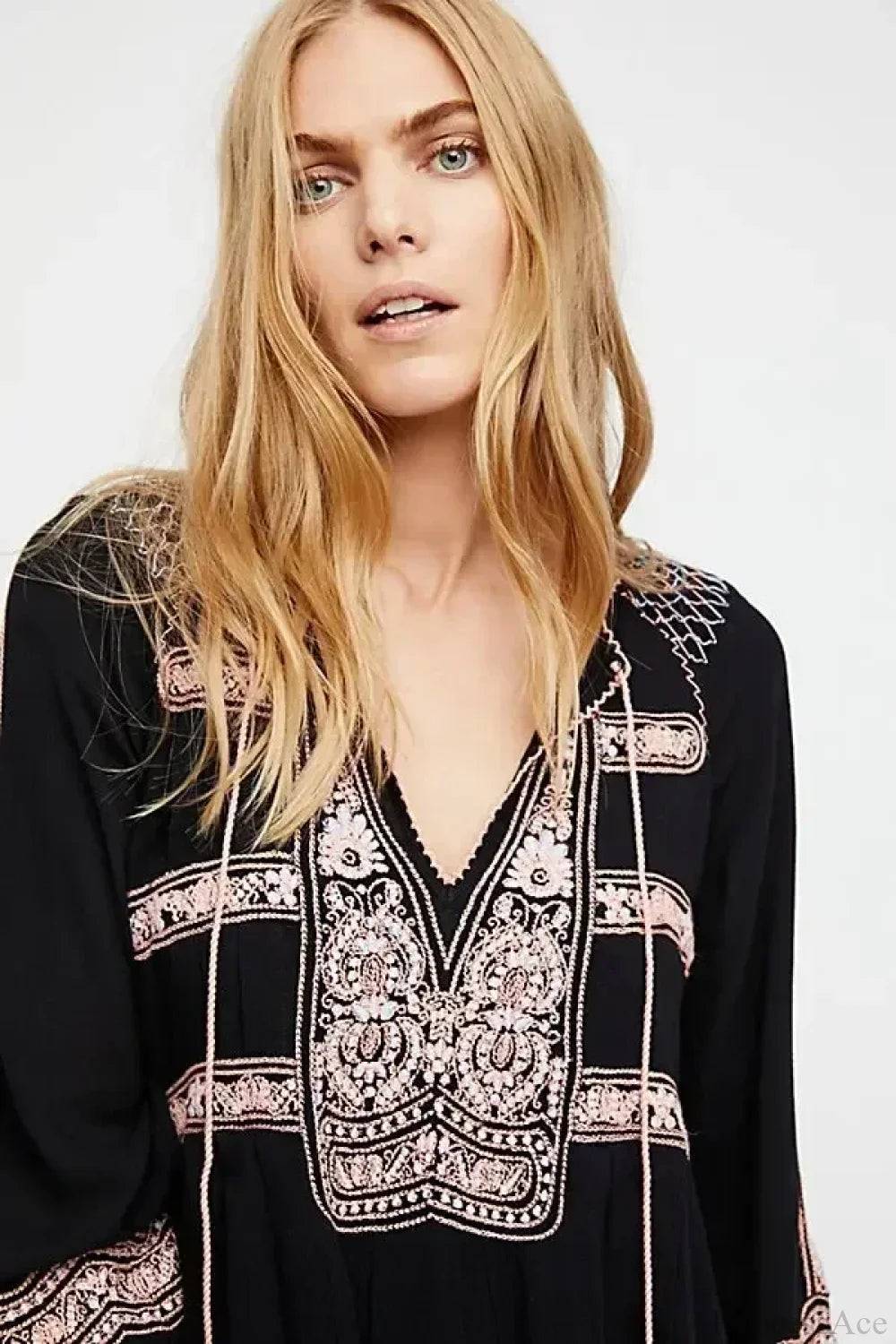 Floral Embroidered Tassel Oversized Cotton Boho Dress Black / S bohodress-250126