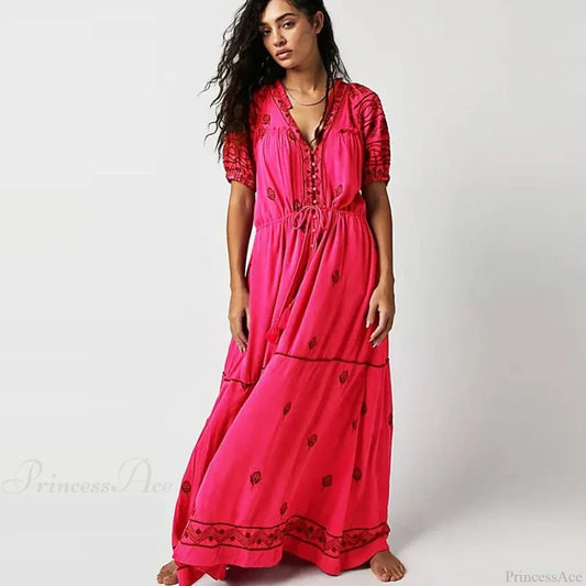 Floral Embroidery Cotton Boho Dress Rose red / S bohodress-250126