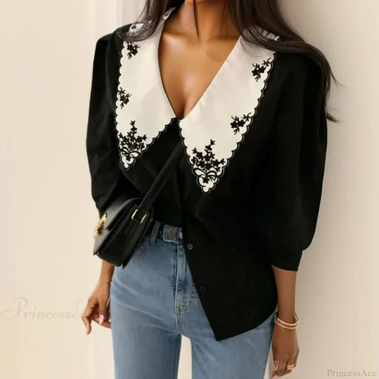 Floral Embroidery Half Sleeve White Vintage Blouse Black / S blouse-250126