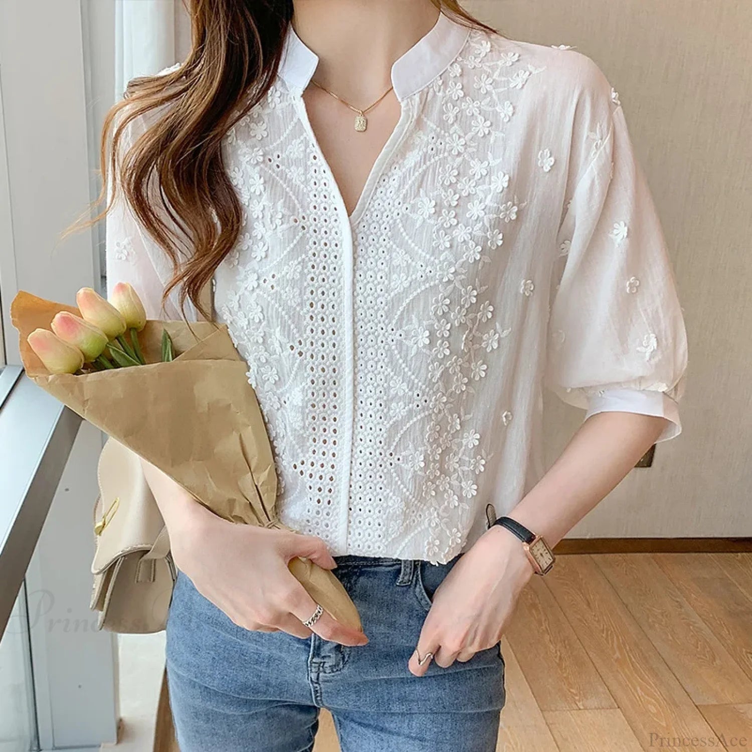 Floral Embroidery Lace Hollow V-neck Blouse blouse-250126