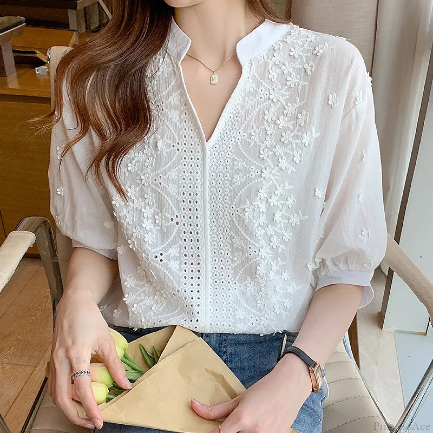 Floral Embroidery Lace Hollow V-neck Blouse blouse-250126