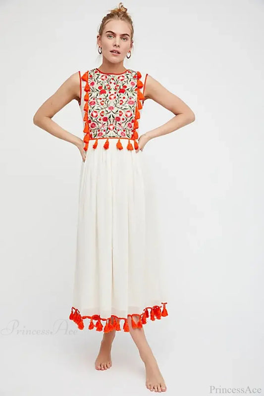 Floral Embroidery Sleeveless Tassel Cotton Boho Dress Beige / S bohodress-250126