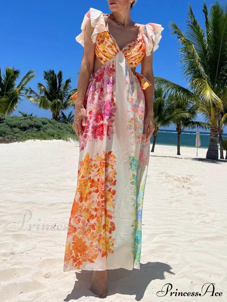 Floral Frill Cutout Charming Back Tie-Up Maxi Dress Multicolor / S Dresses