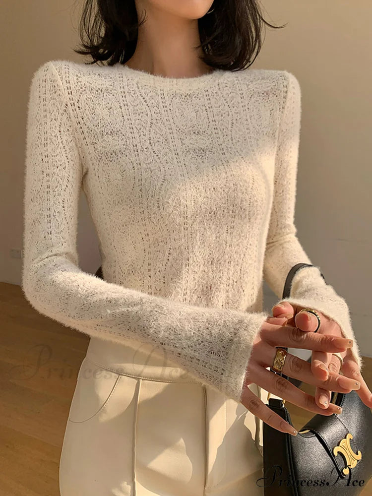 Floral Hollow Knit Crew Modern Neck Long Sleeve Top Apricot / Xs T-Shirts