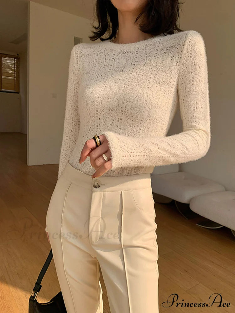 Floral Hollow Knit Crew Modern Neck Long Sleeve Top T-Shirts