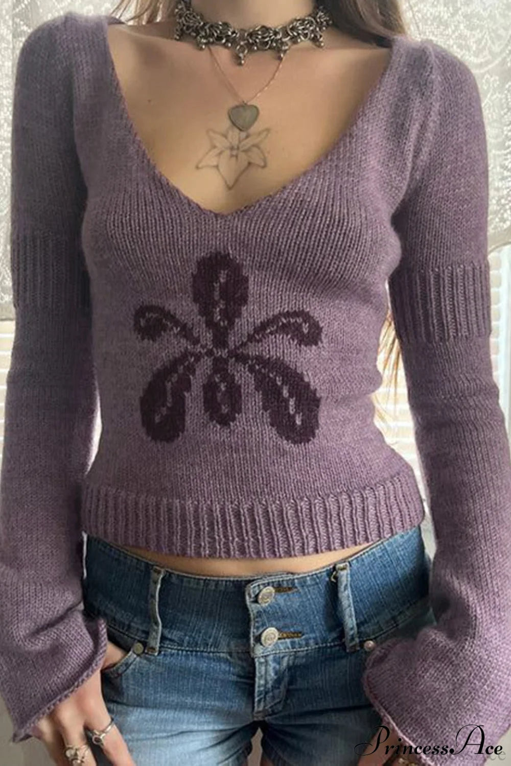 Floral Jacquard V-Neck Long-Sleeve Knit Top Purple / S