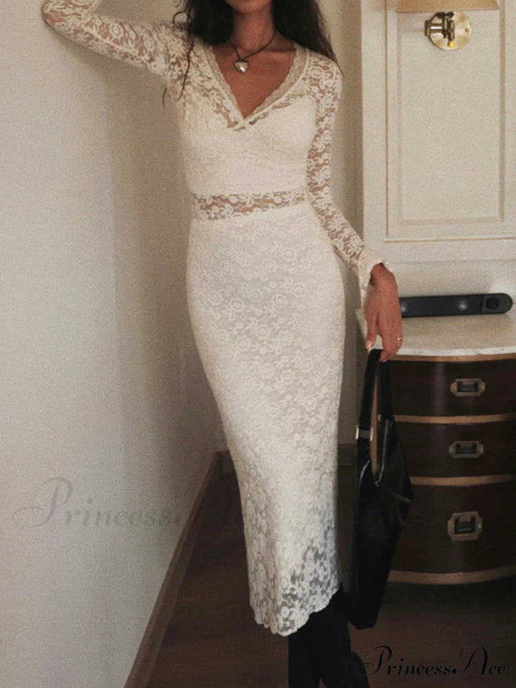 Floral Lace Long Trendy Sleeve Plunge Midi Dress Dresses