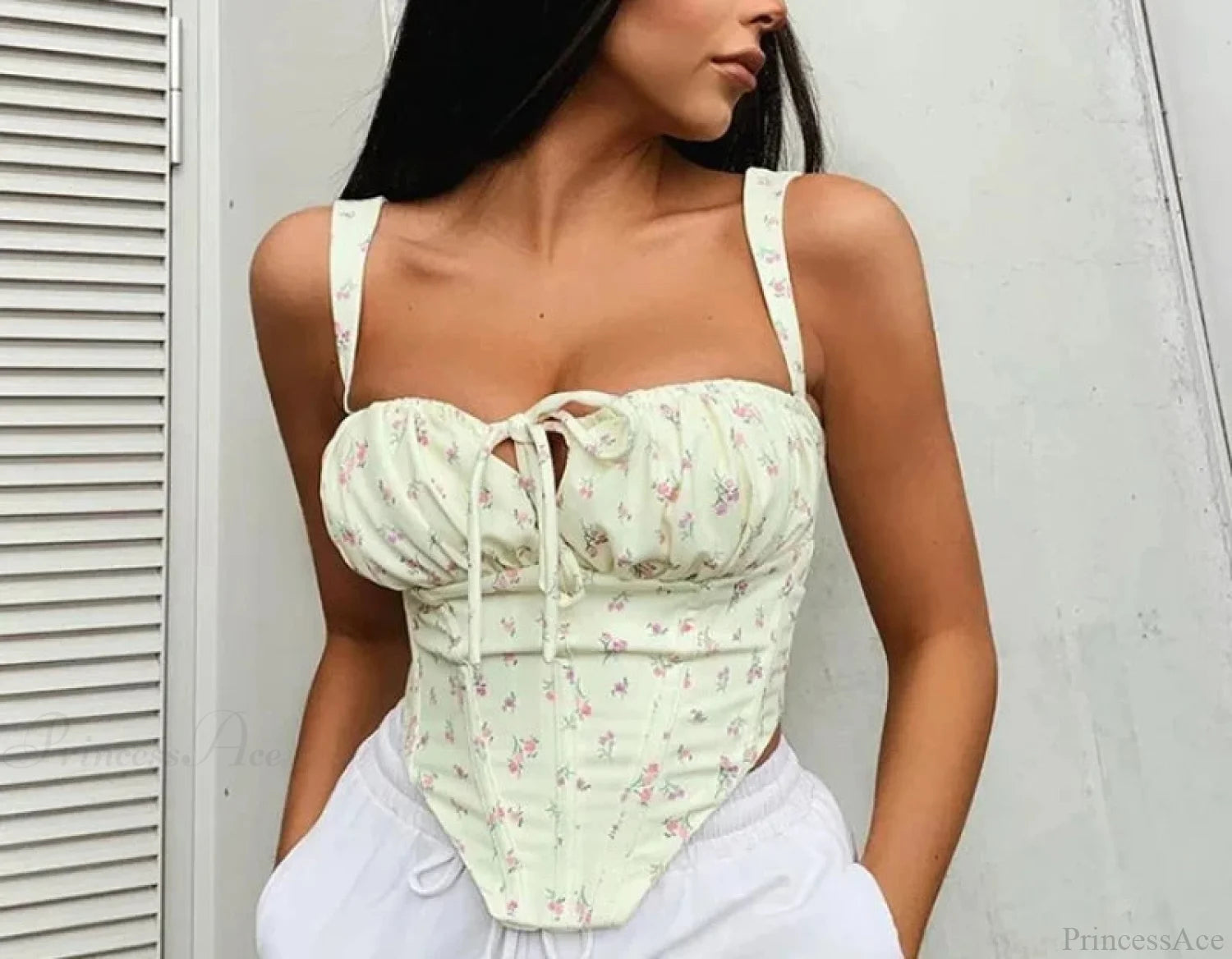 Floral Lace Ruched Tie Low Cut Slim Fit Backless Bustier Yellow / One Size croptop-250126