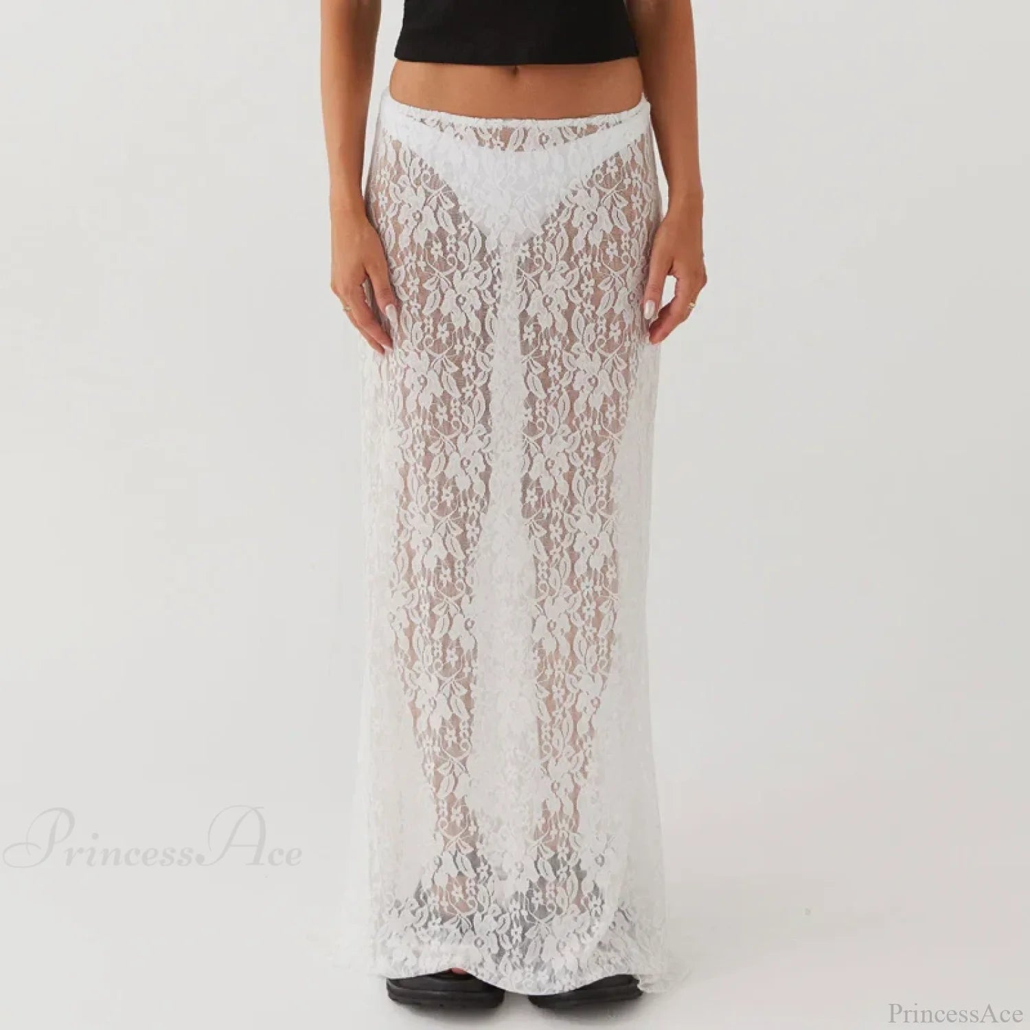 Floral Lace See-Through Short Sleeve Crop Top Long Skirt Two Pieces Set Beige / S twopiecesset-250126