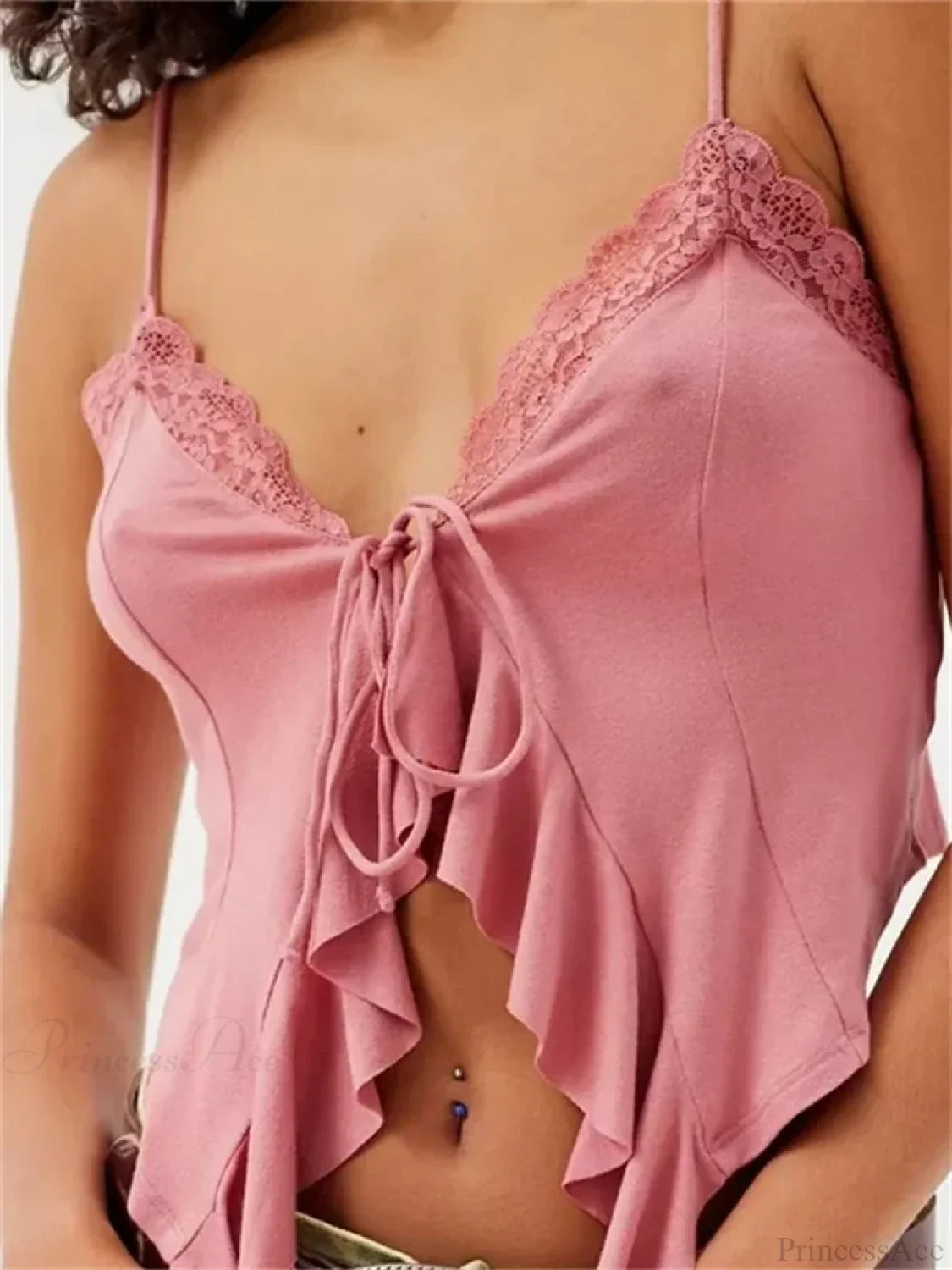 Floral Lace Trim Ruffle Split Strap Crop Top croptop-250126