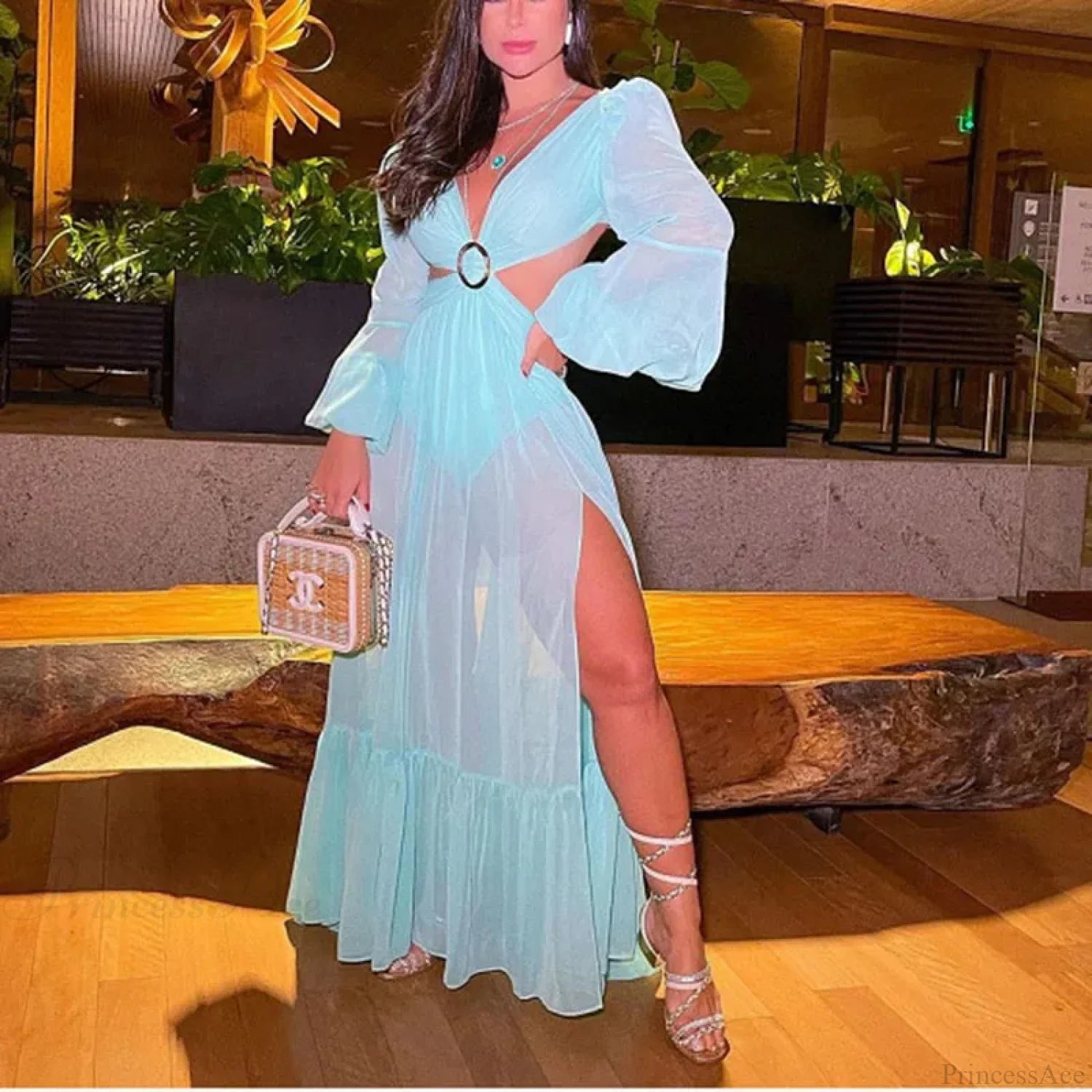 Floral Long Sleeve Beach Kimono Cover Up blue3 / S