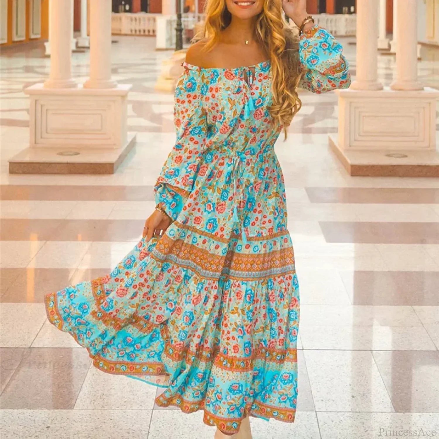 Floral Long Sleeve Belt Tassel Off Shoulder Boho Dress Blue / S bohodress-250126