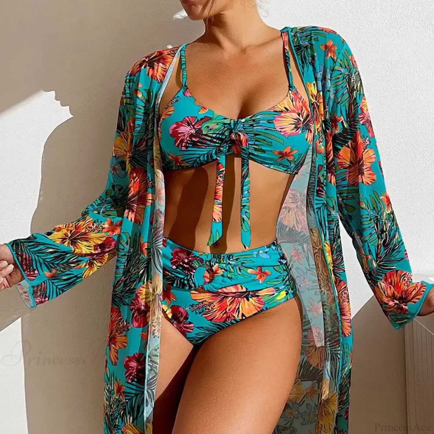 Floral Mesh Blouse Bra Two Piece Set skyblue / S