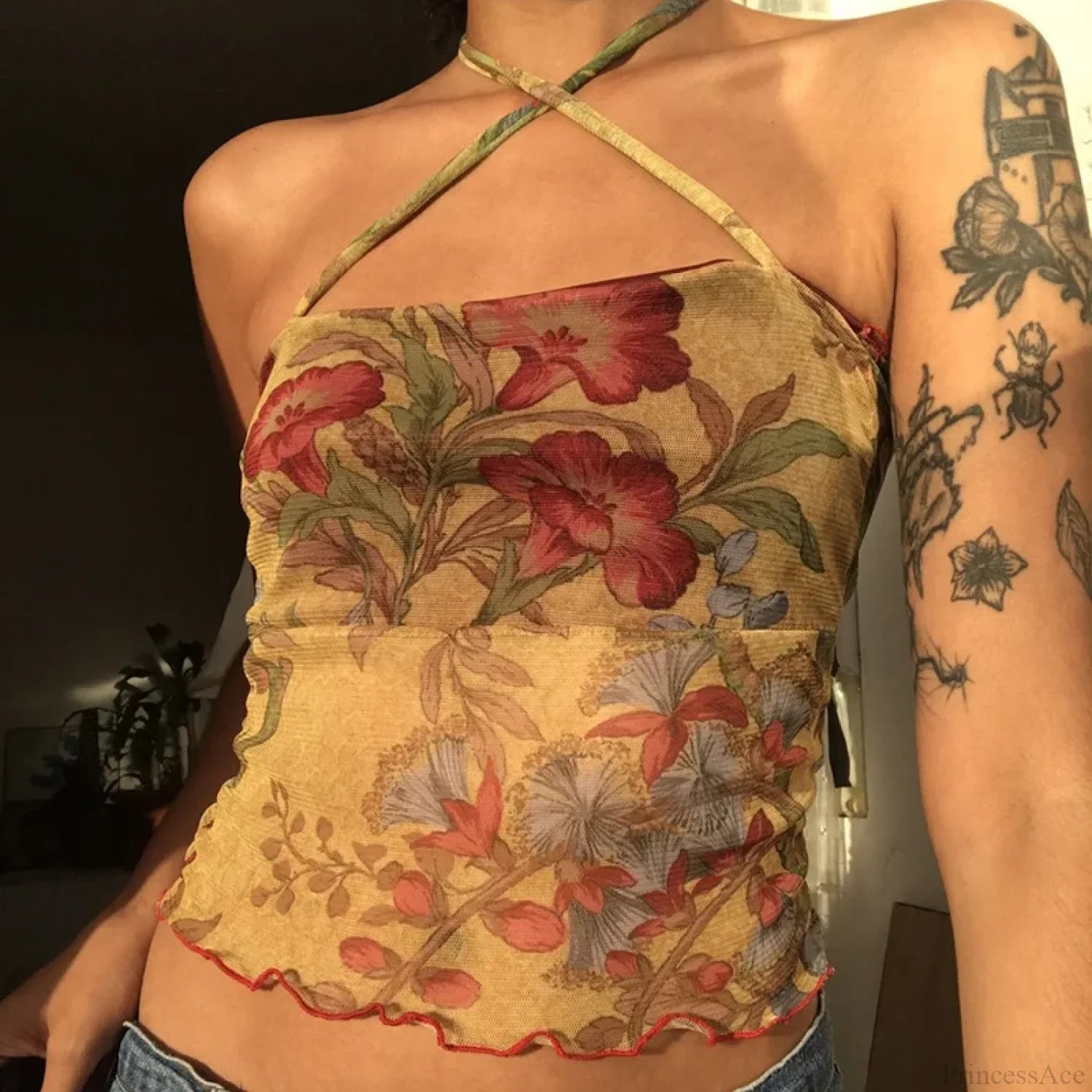 Floral Mesh Sheer Backless Halter Y2K Crop Top croptop-250126