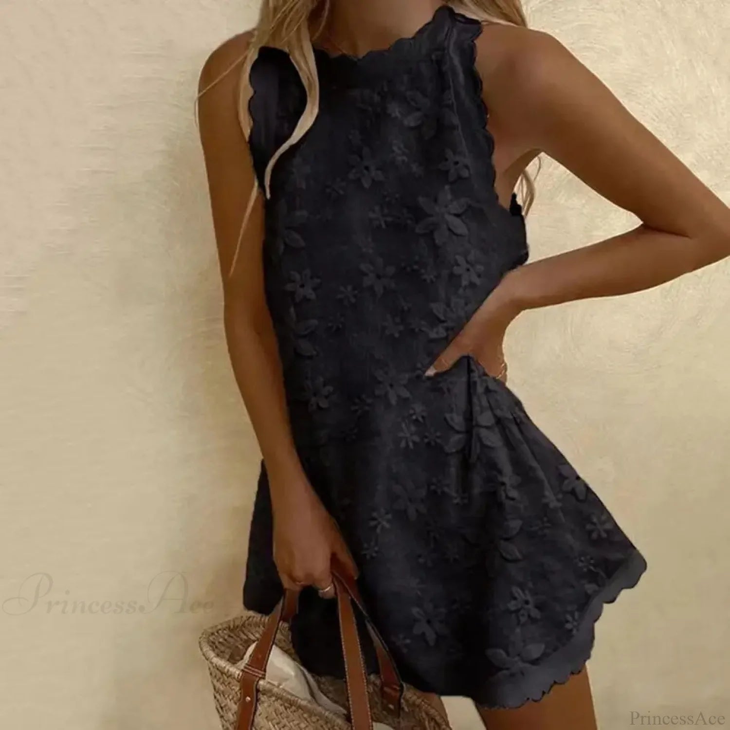Floral Off-Shoulder Embroidery Loose Hem Floral Dress Black / S floraldress-250126