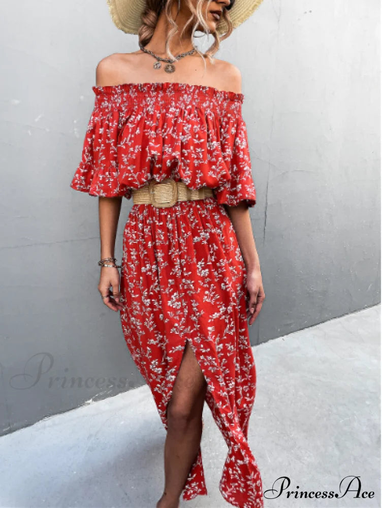 Floral One-Shoulder Tube Top Dress With Split S / Red