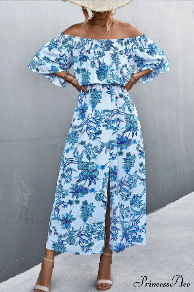 Floral One-Shoulder Tube Top Dress With Split Xl / Blue