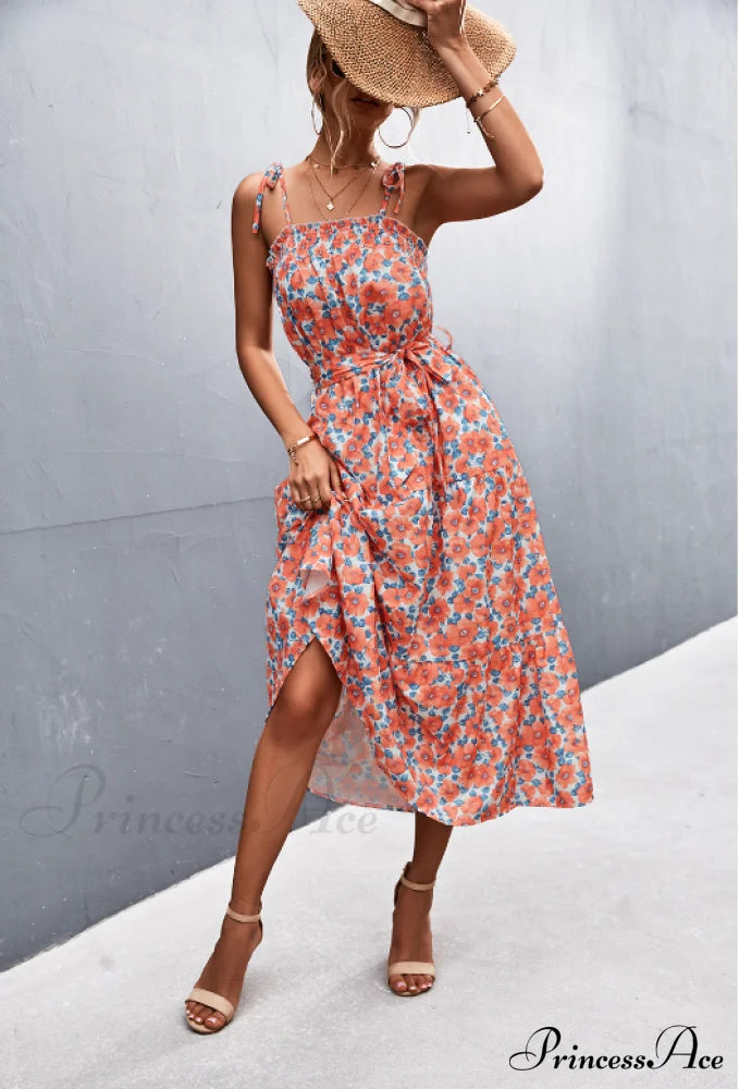 Floral Pleated Dress - Medium And Long L / Orange