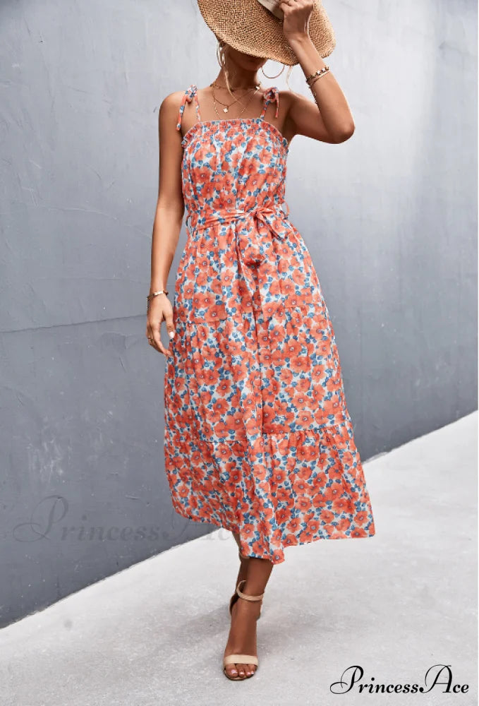 Floral Pleated Dress - Medium And Long M / Orange