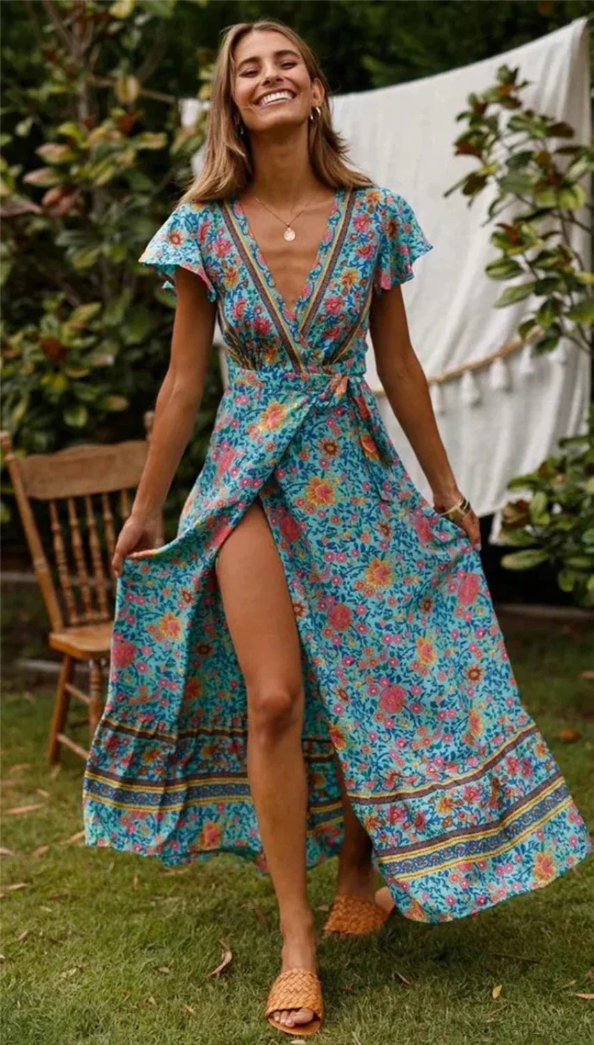Floral Print Bat Sleeve Wrap V-neck Maxi Boho Dress bohodress-250126