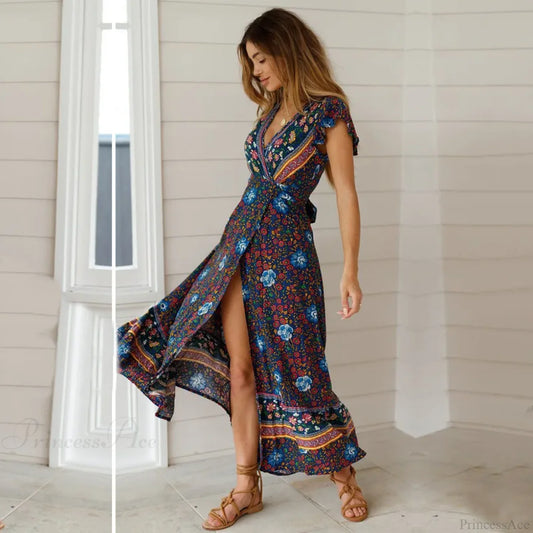 Floral Print Bat Sleeve Wrap V-neck Maxi Boho Dress bohodress-250126
