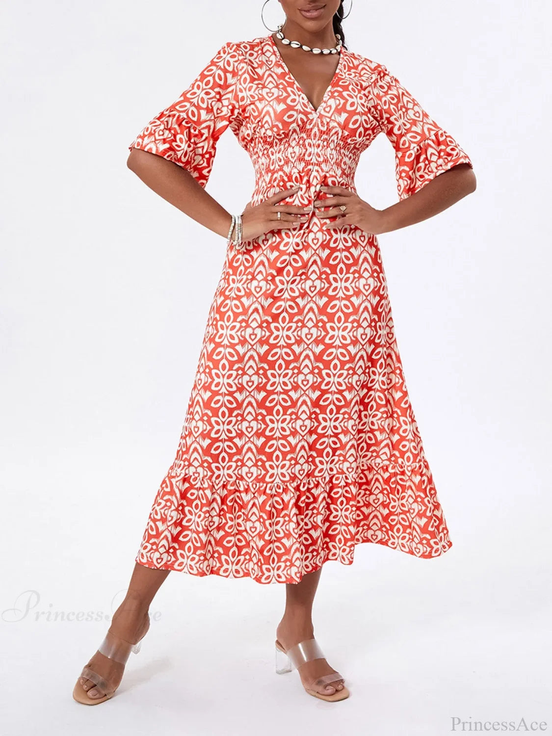 Floral Print Beach Midi Casual Flare Sleeve A-Line Ruffled Floral Dress Red / S floraldress-250126