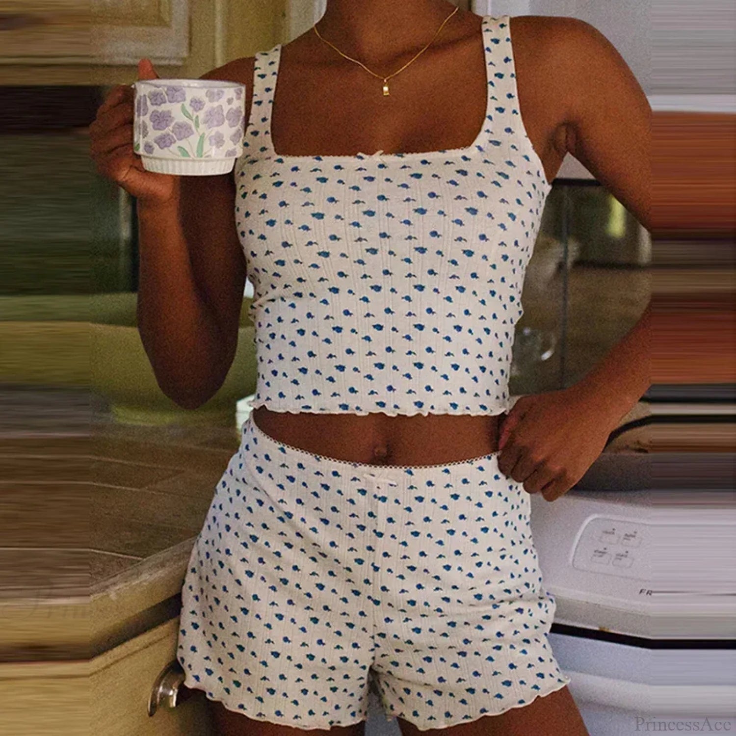 Floral Print Bow Trim Sleeveless Crop Tops Shorts Two Pieces Set black / S twopiecesset-250126