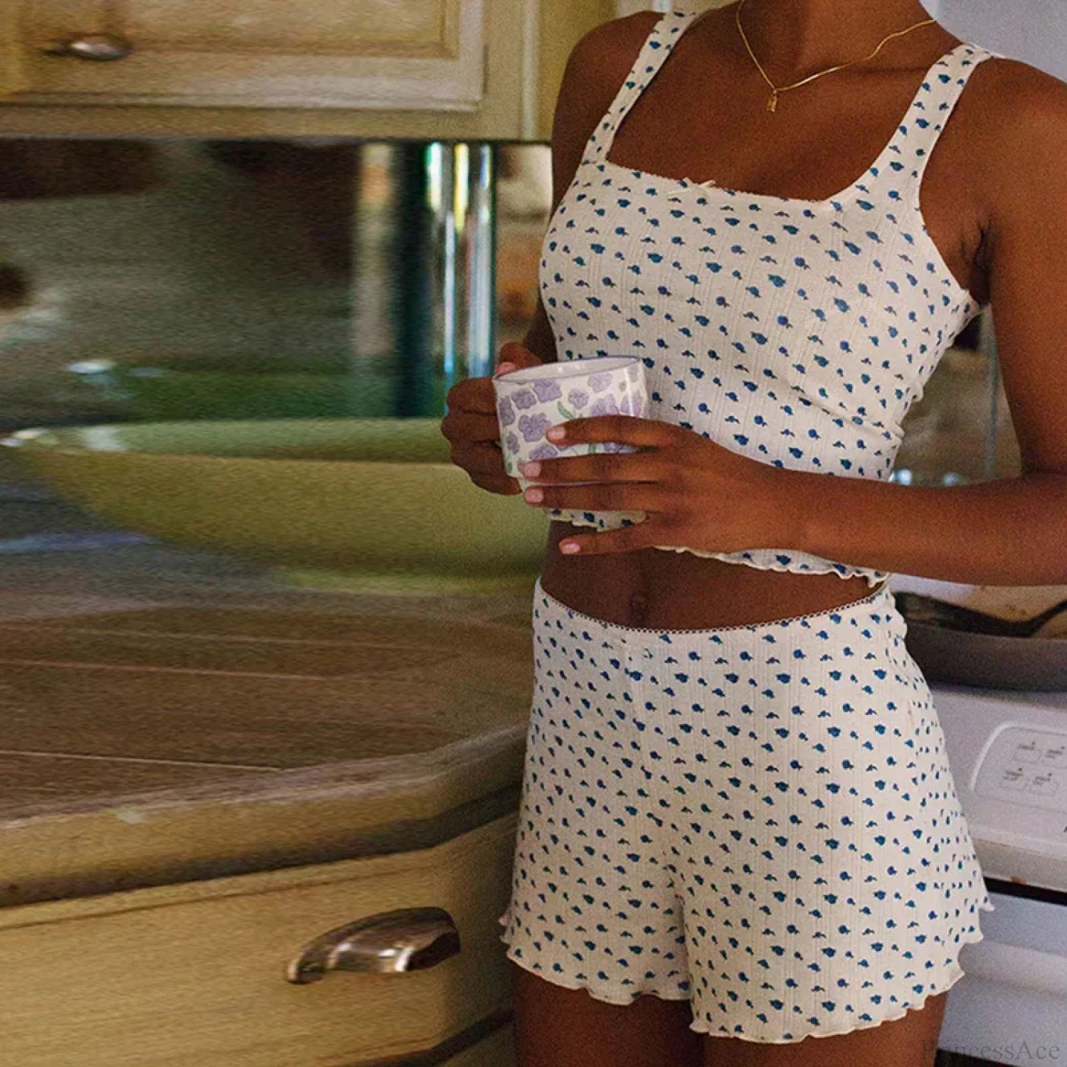 Floral Print Bow Trim Sleeveless Crop Tops Shorts Two Pieces Set twopiecesset-250126