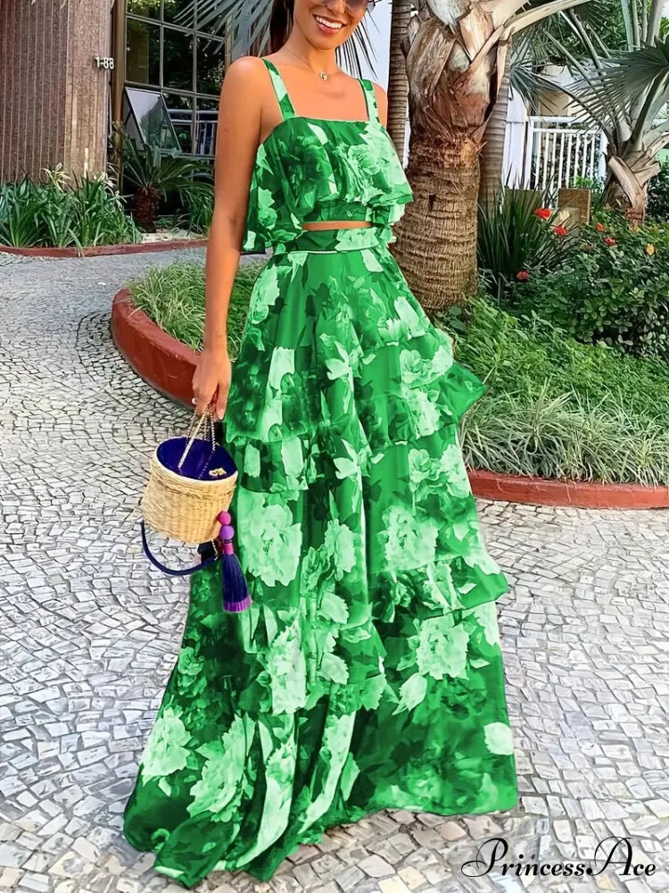 Floral Print Crop Tank With Ruffles And Skirt Set L / Blue Floral Chiffon Maxi Dress