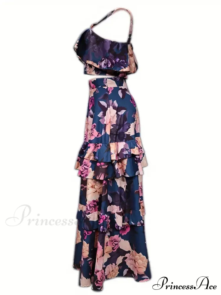Floral Print Crop Tank With Ruffles And Skirt Set M / Blue Floral Chiffon Maxi Dress