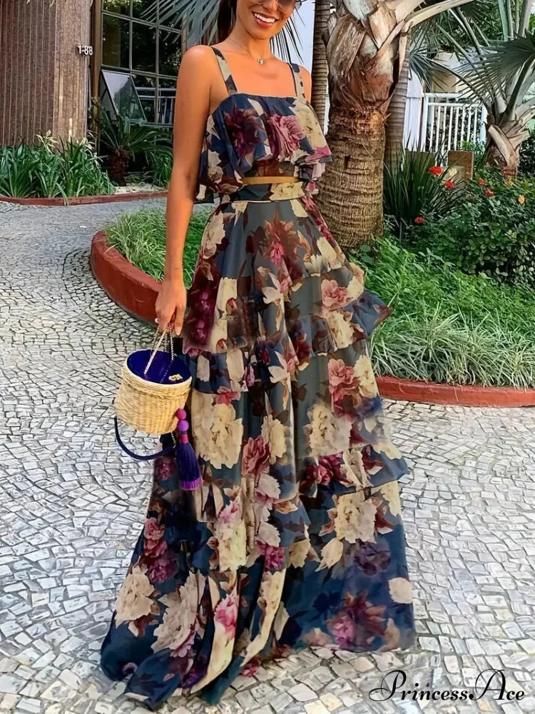Floral Print Crop Tank With Ruffles And Skirt Set S / Blue Floral Chiffon Maxi Dress