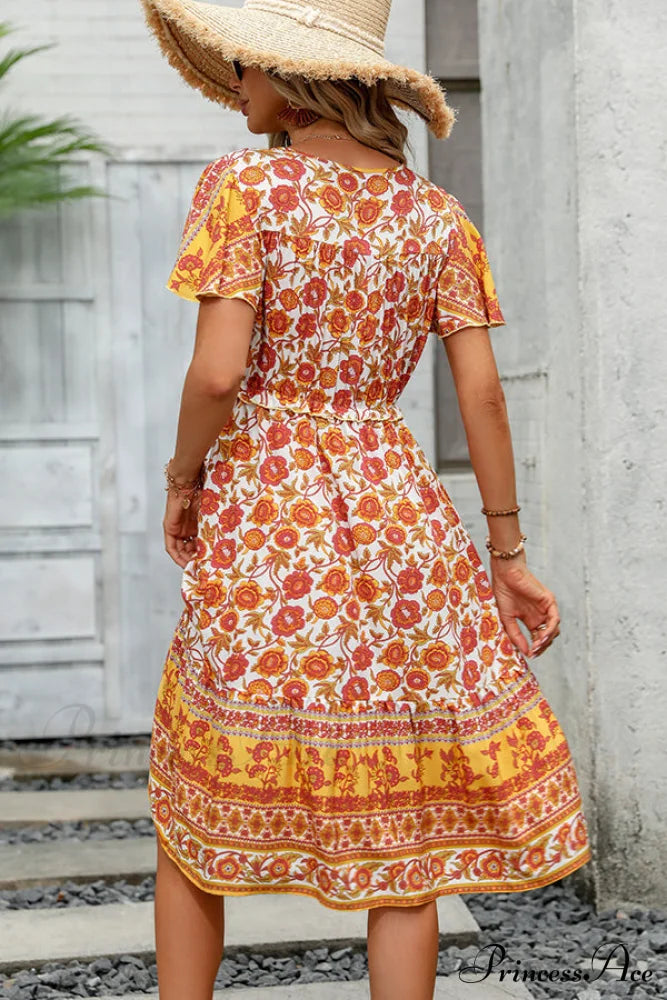 Floral Print Deep Trendy V Neck Mini Dress