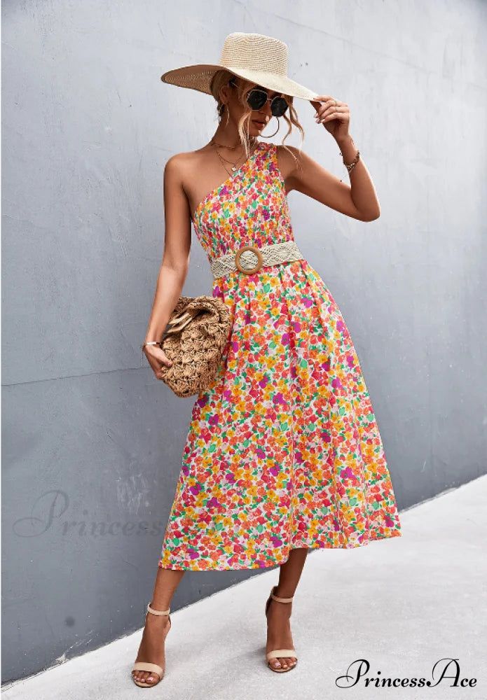 Floral Print Diagonal Shoulder Dress L / Red