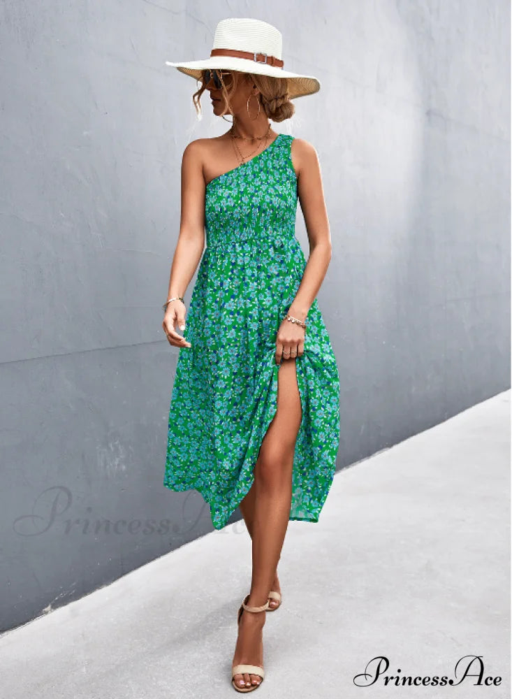 Floral Print Diagonal Shoulder Dress M / Green