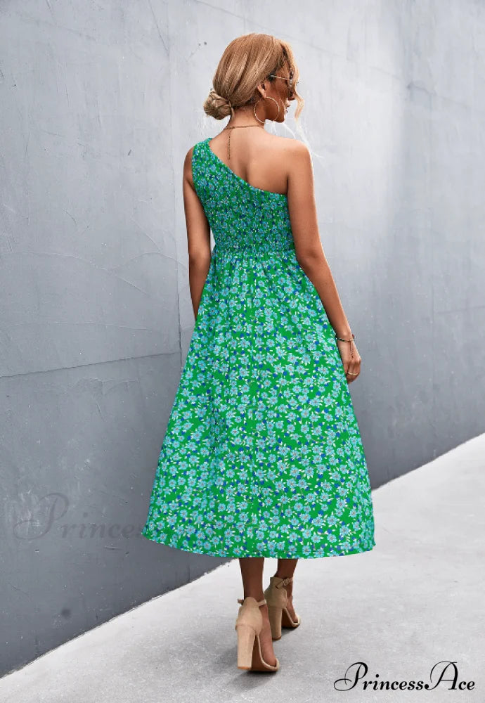 Floral Print Diagonal Shoulder Dress M / Red