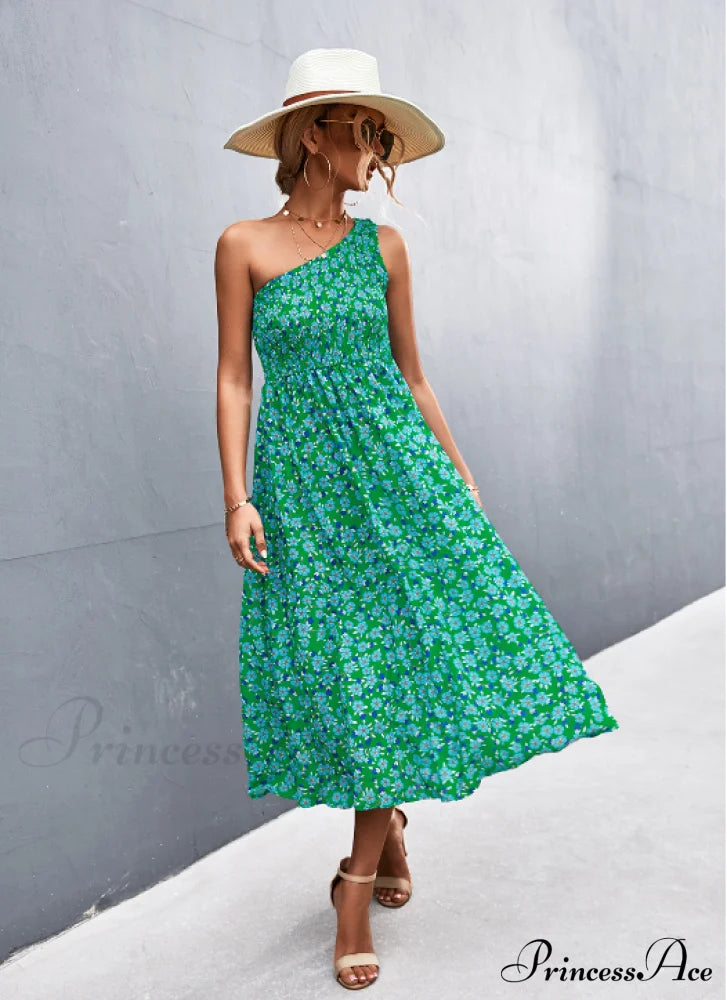 Floral Print Diagonal Shoulder Dress M / White Green