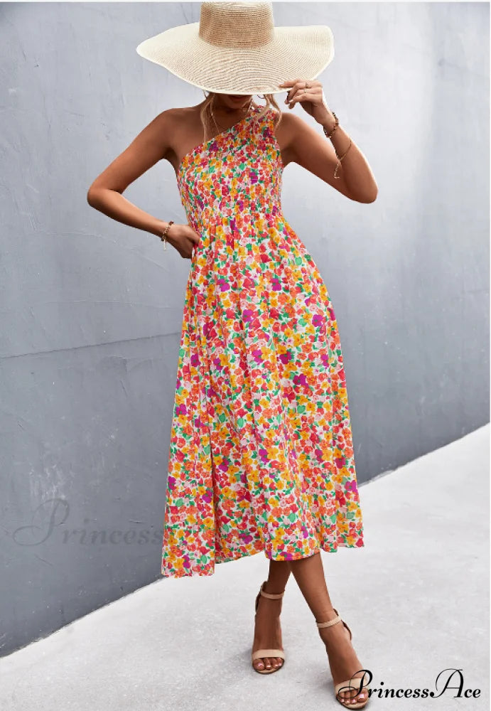 Floral Print Diagonal Shoulder Dress Xl / White Green