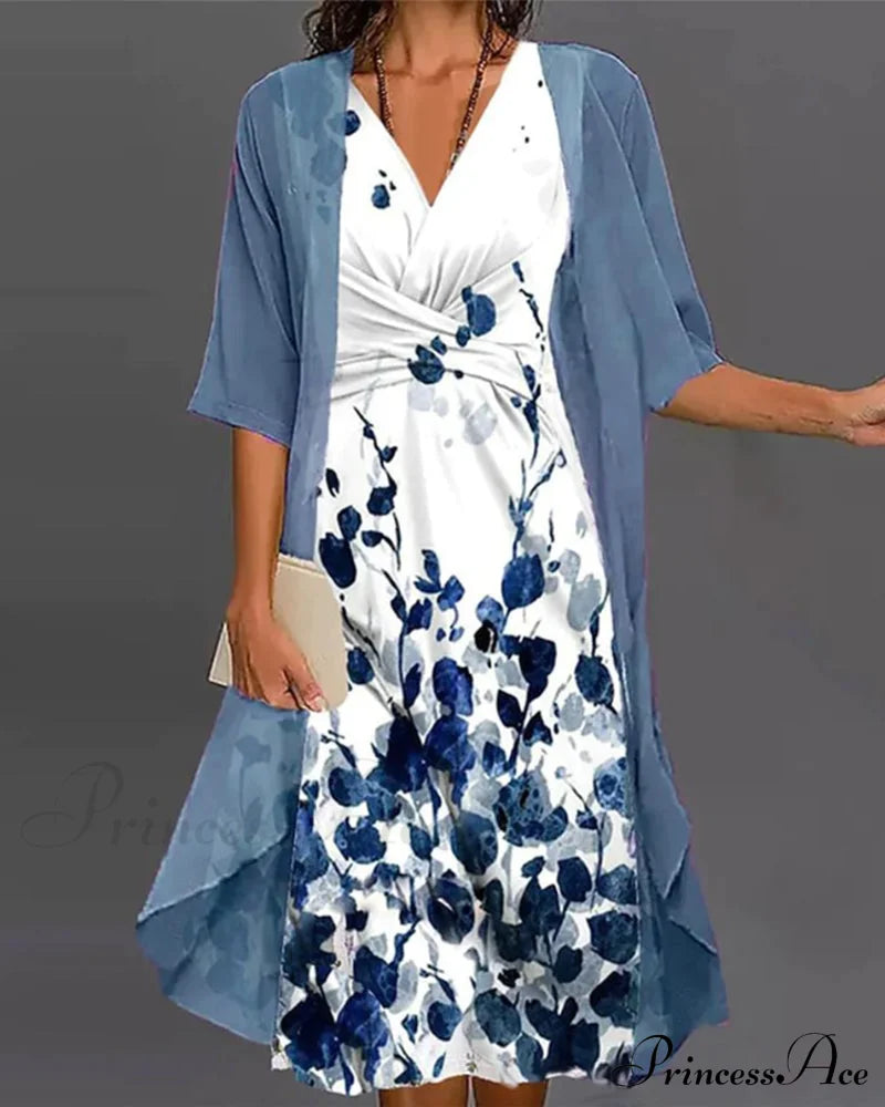 Floral Print Two Piece Set Dress Blue 23BF Casual Dresses Clothes Dresses Spring Summer Two-Piece Sets