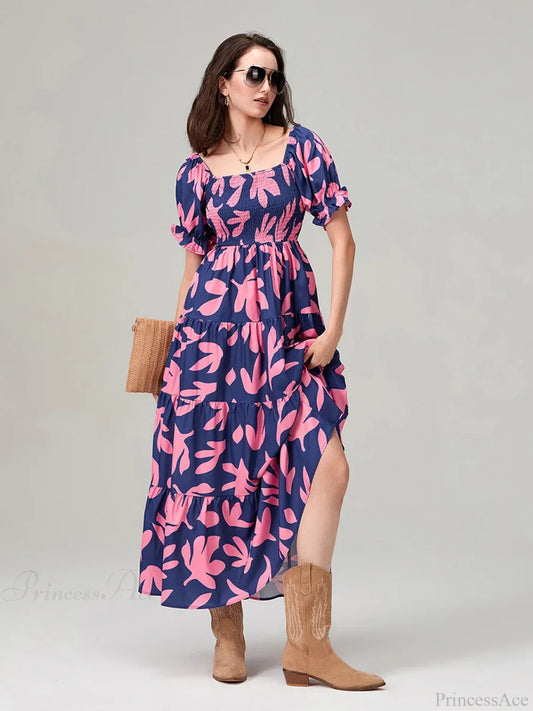 Floral Print Flowy Puff Sleeve Square Neck A-Line Vacation Floral Dress PURPLE / S floraldress-250126