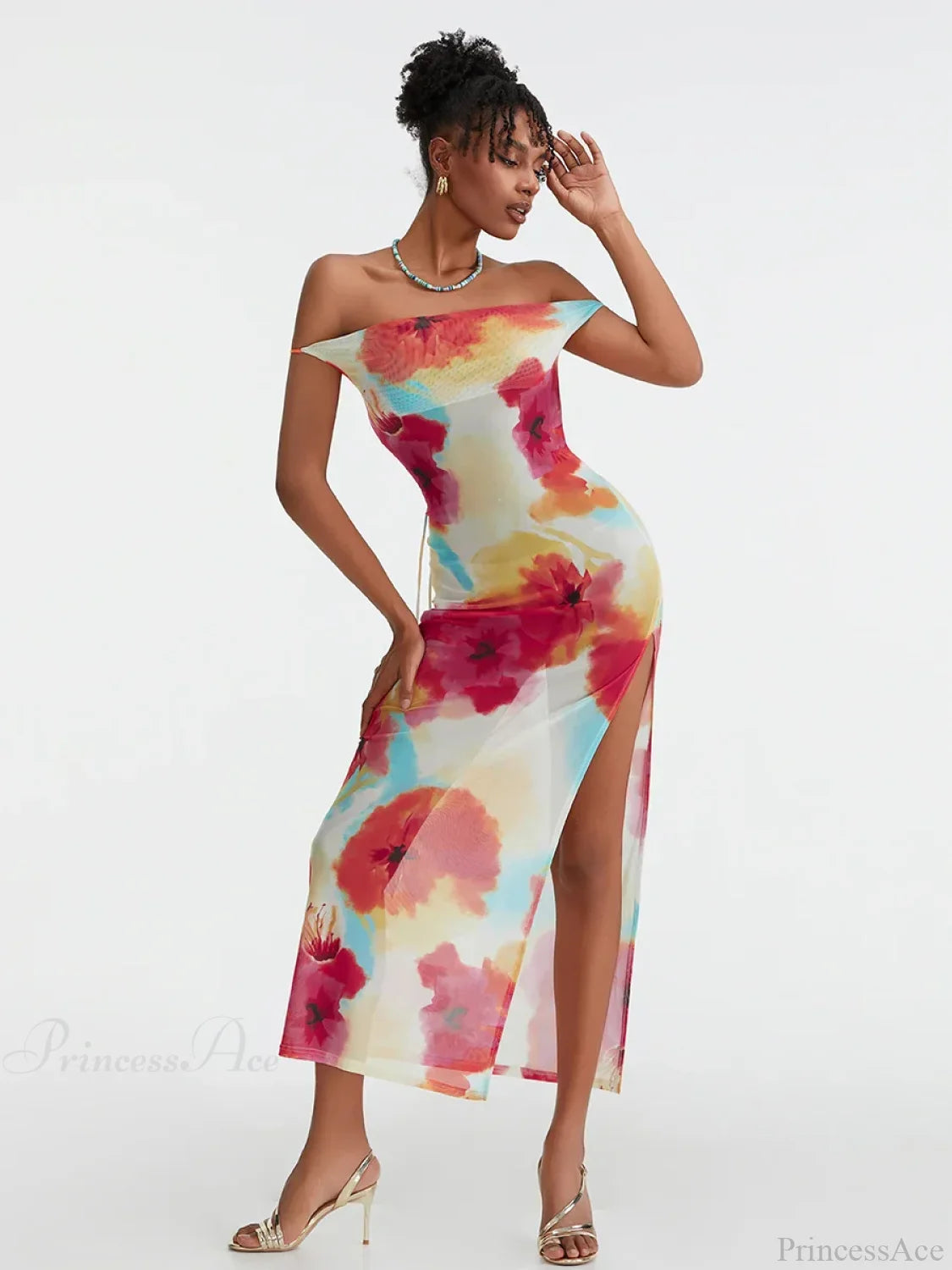 Floral Print High Split Backless Off-Shoulder Tie-up Long Floral Dress MULTI / S floraldress-250126