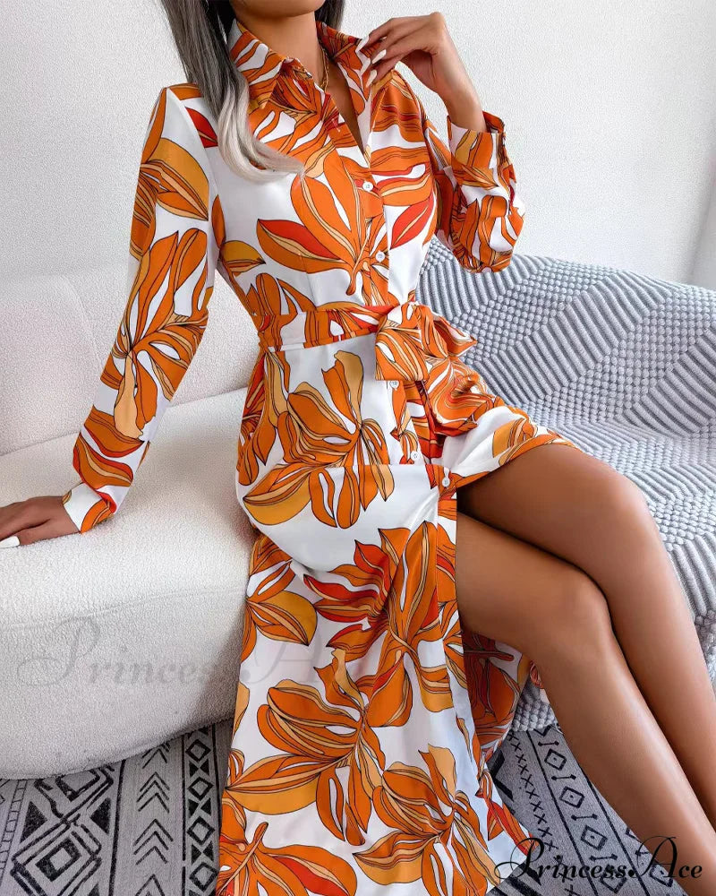 Floral Print Lapel Shirt Dress With Contrast Casual Dresses