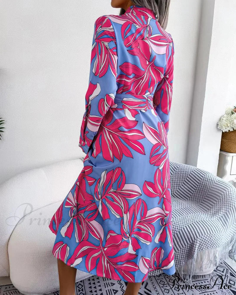 Floral Print Lapel Shirt Dress With Contrast Casual Dresses