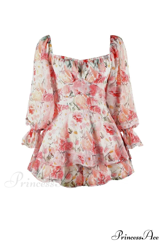 Floral Print Long Sleeve Ruffled Skirt Trousers Rompers